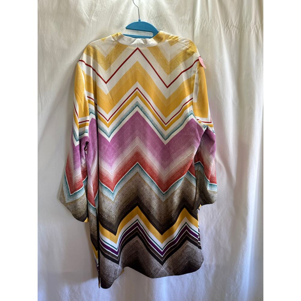 Reversible Boho Kimono Cardigan Mustard Chevron Print Flowy Sleeve Open Front - Picture 6 of 9